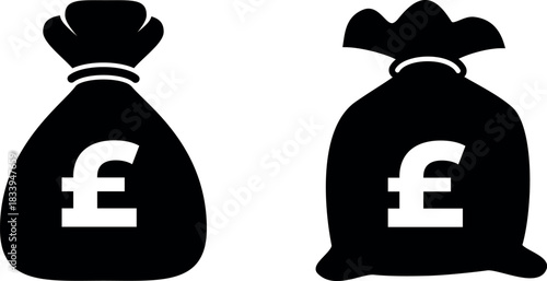 Two black silhouette icons of money bags with british pound sterling symbols on a white background