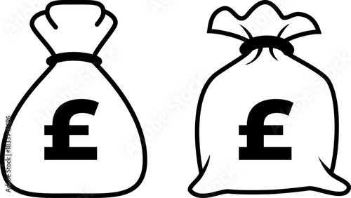 A simple black silhouette icon of a money bag with a British Pound Sterling symbol, representing UK currency, finance, wealth, and investment.