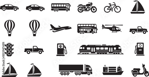 Black Transport and Travel Vehicle Icons Mega Set. Simple Flat Vector Collection Isolated