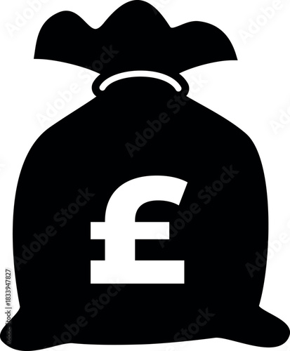 A simple black silhouette icon of a money bag with a British Pound Sterling symbol, representing UK currency, finance, wealth, and investment.