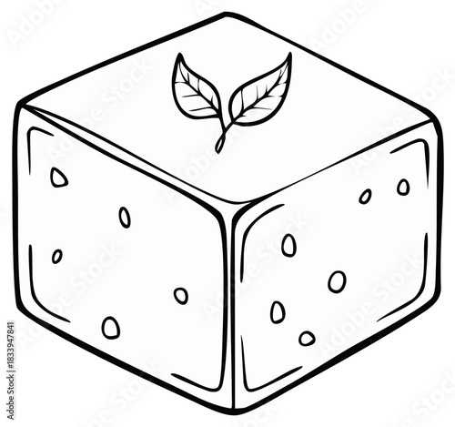 Outline illustration of a cube shaped food block garnished with two leaves and small textured dots