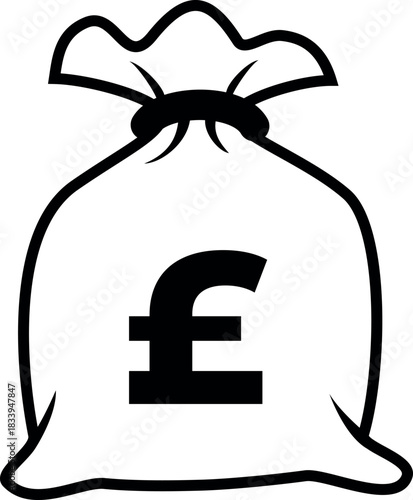 Black and white pound sterling money bag icon isolated on white background