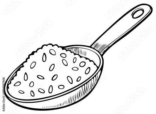 Monochrome line art drawing of a kitchen measuring scoop filled with rice grains