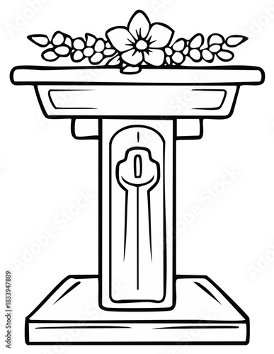 Stylized pedestal with floral display decorative art black and white illustration