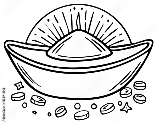 Black and white outline illustration of a traditional Chinese gold ingot with coins for prosperity