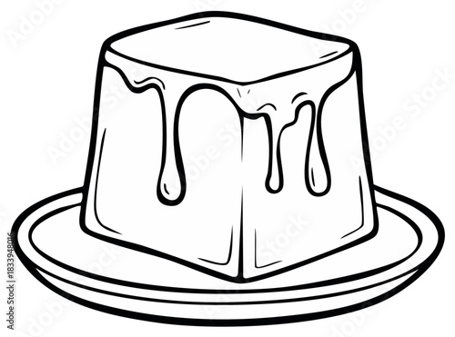 Outline drawing of a delicious square dessert with dripping icing on a round plate