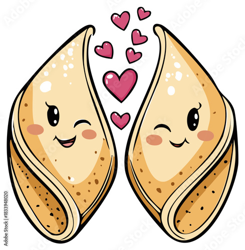 Two cartoon crepes with happy faces and hearts floating above