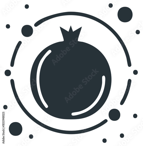 Minimalist dark pomegranate fruit icon with orbiting dots and arcs modern graphic design