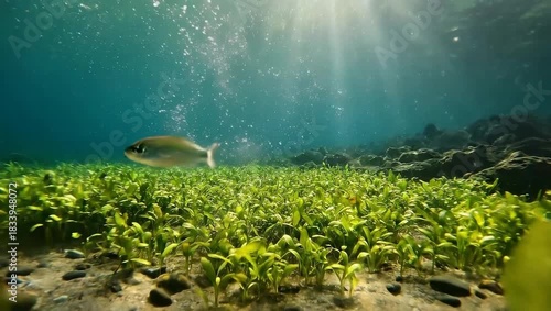 Underwater Seagrass Meadow With Sun Rays And Bubbles In Clear Blue Water
