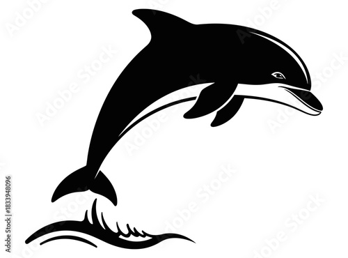 Silhouette of a dolphin leaping from the water against a stark black background design