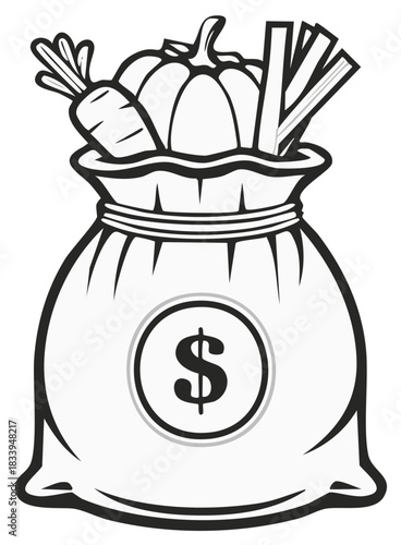 Financial harvest sack with dollar symbol holding farm fresh carrots pumpkin and produce