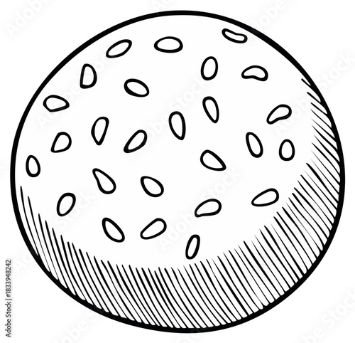 Hand drawn outline illustration of a traditional sesame seed bun bakery item sketch