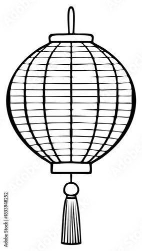 Stylized Asian paper lantern with tassel outline sketch symbol for cultural celebration