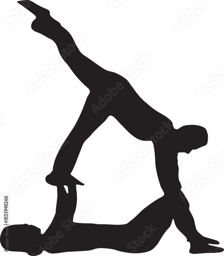 Two people silhouette performing acrobatic yoga pose on white