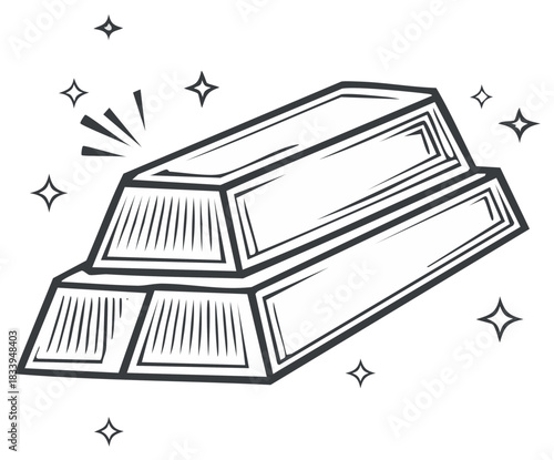 Stack of shiny gold bars, hand-drawn illustration with sparkling stars