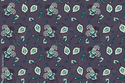 A moody and sophisticated dark botanical print featuring abstract florals and subtle paisley elements in deep jewel tones, ideal for high-end fashion  home decor