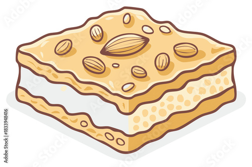Delicious golden layered sweet treat with almond topping and creamy filling vector illustration