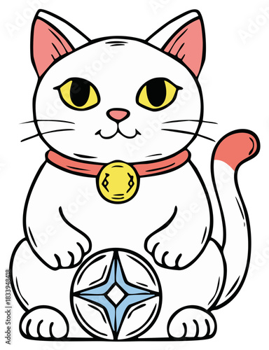 Cartoon Lucky Cat Symbol: Japanese Maneki Neko Statue Illustration