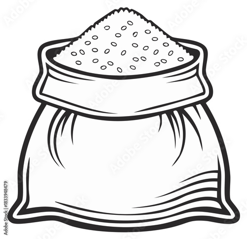 Open burlap sack filled with granular material illustration