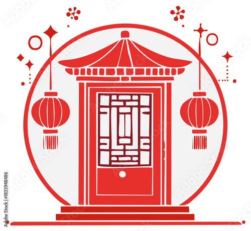 Red Chinese gate with lanterns on white background, festive symbol