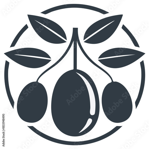 Stylized olive branch with fruit and leaves icon enclosed in a circular frame vector graphic