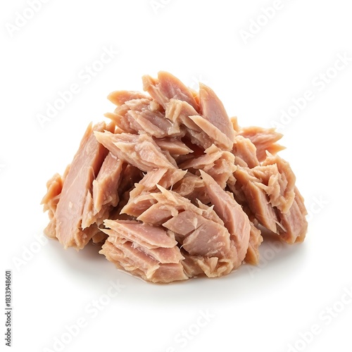 Pile of flaked canned tuna fish on white background