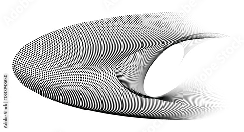 Abstract halftone waveform featuring a dynamic flow of dots and sweeping curves. Particle-like waves form a smooth halftone gradient, on transparent background, 