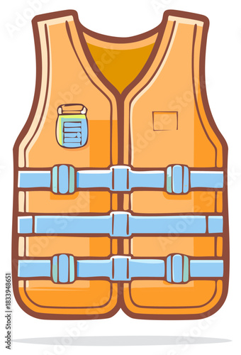 Vivid orange life jacket illustration with blue straps and buckles for water safety and recreation