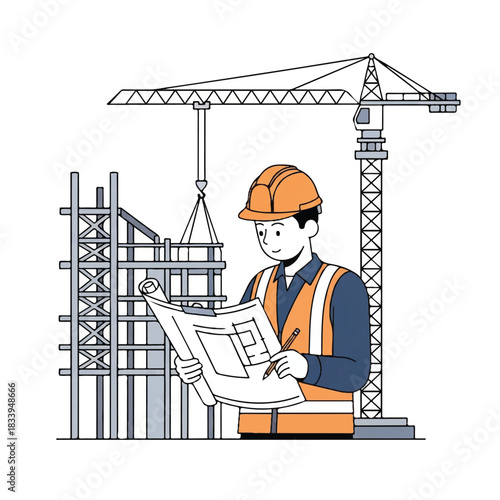 A construction worker in an orange vest and hard hat reviews blueprints in front of a building site with a crane, scaffolding, and a white background.