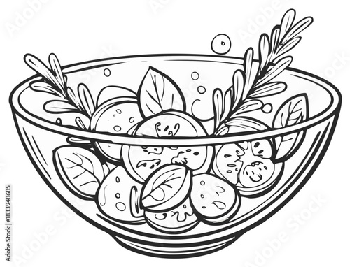 Simple line art illustration of a clear glass bowl of salad with tomatoes and herbs.