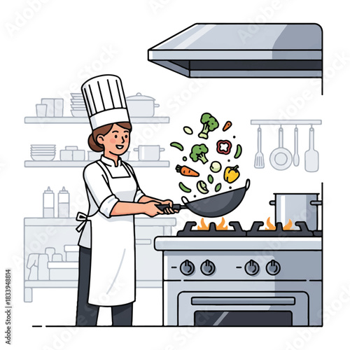 Illustration of a chef tossing vegetables in a frying pan on a gas stove in a kitchen with a white background.