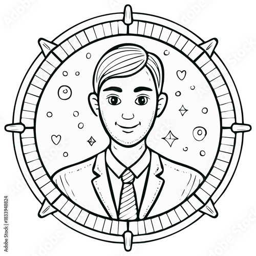 Cartoon portrait of a handsome man in a suit inside a circular compass frame