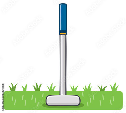 Cartoon golf putter standing upright in green grass on white background