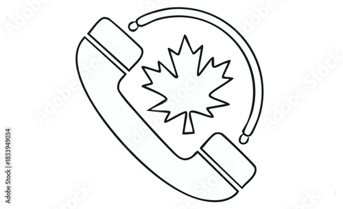 Canada Helpline Icon: Simple Telephone Handset with Maple Leaf Symbol, Customer Service for Canadians