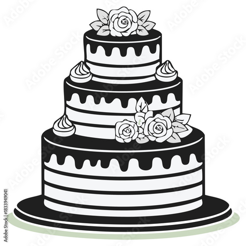 Elegant three-tiered cake illustration with floral decorations, black and white design, party celebration concept