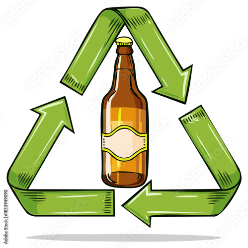 Hand drawn glass beer bottle with blank label inside a green recycle symbol