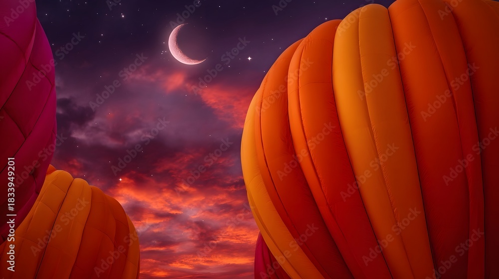 Obraz premium Colorful hot air balloons float serenely across a dramatic twilight sky under a crescent moon and twinkling stars