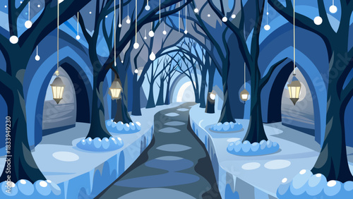 Winter forest path with lanterns
