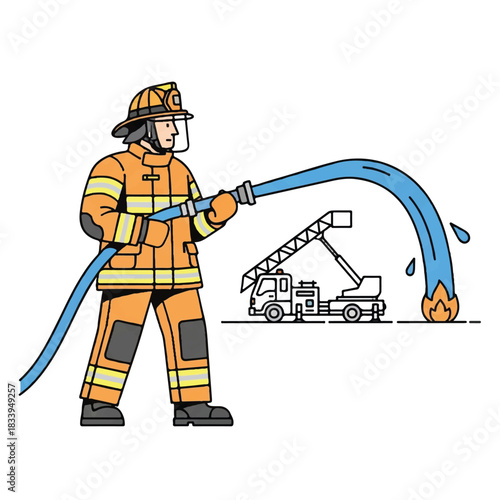 Firefighter in orange uniform spraying water from a hose at a fire with a firetruck in the background on a white background.