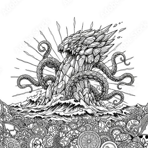Kraken octopus monster sea ocean creature tentacles crystal beast waves fantasy illustration mythical leviathan deepwater drawing