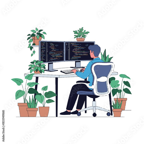 Illustration of a man sitting at a desk with multiple computer screens surrounded by potted plants in a modern workspace.