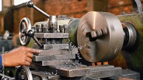 Machinist operating a lathe machine with metal shavings visible