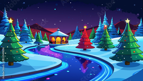 Christmas trees in snowy landscape with gazebo