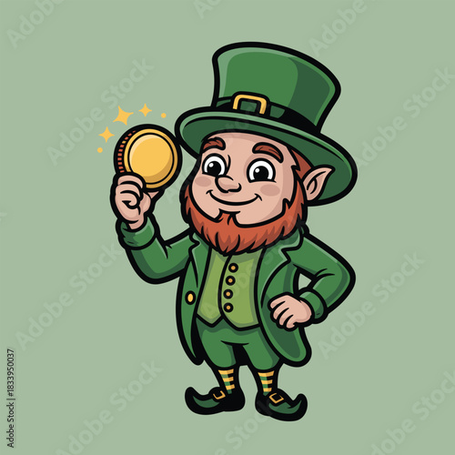 A charming cartoon leprechaun holds a shining gold coin, symbolizing luck and Irish folklore