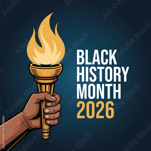 A diverse hand holds a torch with a bright flame, symbolizing Black History Month 2026