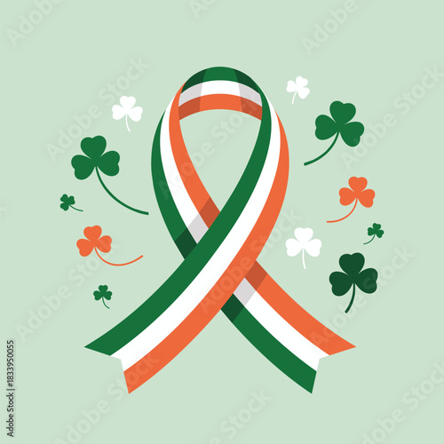 A festive Irish flag ribbon is surrounded by floating shamrocks, symbolizing St. Patrick's Day and Irish heritage