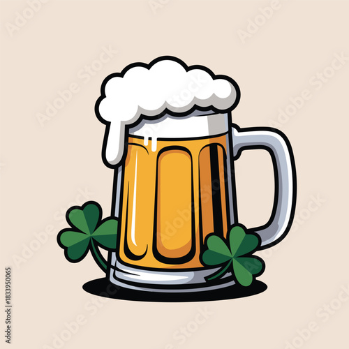 A frothy beer mug with shamrocks celebrates St. Patrick's Day
