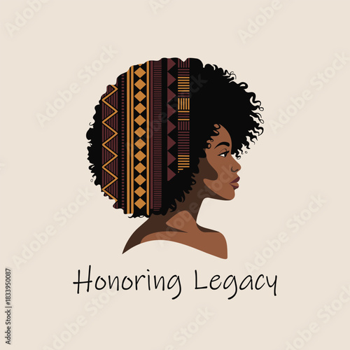 Stylized profile illustration of a Black woman with voluminous natural curly hair adorned with vibrant ethnic patterns, representing rich cultural heritage