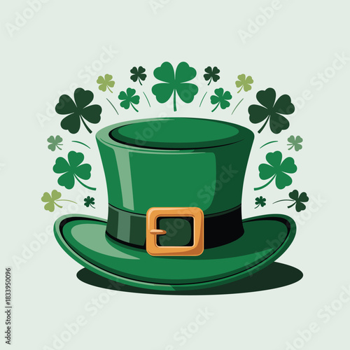 A vibrant green leprechaun top hat with a golden buckle is surrounded by an array of lucky four-leaf clovers