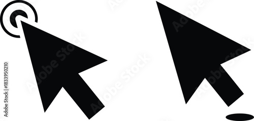 Clean black silhouette of a clicking computer mouse pointer and a static cursor, minimalist flat vector icons with solid fill, high contrast on a white background, ideal for web design elements